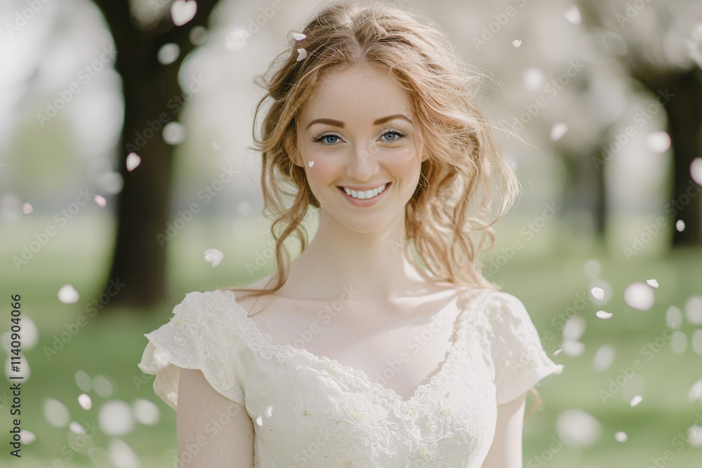 Serene Spring Day: Woman Among Cherry Blossoms in Light Airy Dress Serene Spring Day: Woman Among Cherry Blossoms in Light Airy Dress
