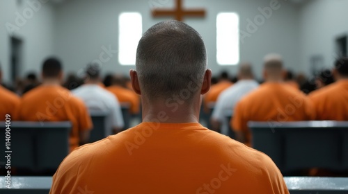 A man in an orange shirt sits in a church with a cross on the wall