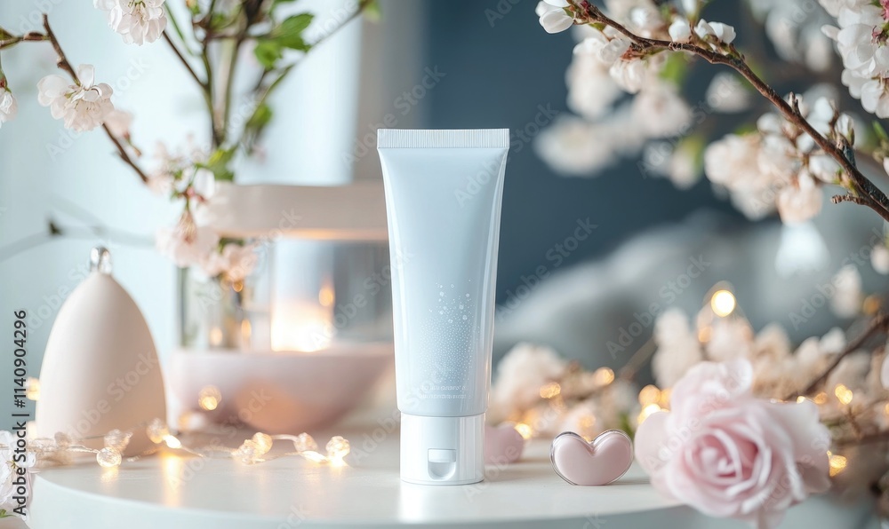 A tube of cream is on a table next to a vase of flowers A tube of cream is on a table next to a vase of flowers