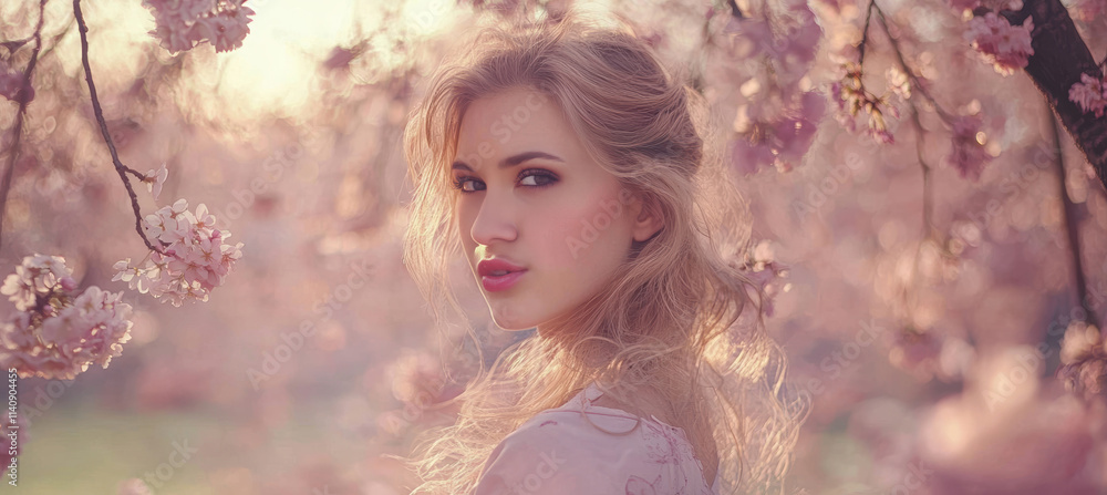 Spring Elegance: Woman in Pastel Outfit Among Cherry Blossom Trees for Seasonal Inspiration Spring Elegance: Woman in Pastel Outfit Among Cherry Blossom Trees for Seasonal Inspiration