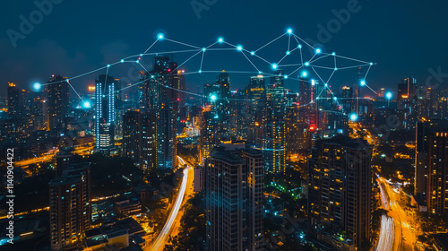 Wallpaper Mural Smart digital city with connection cyber security network reciprocity over the cityscape . future smart wireless digital city and social media networking systems that connects people within the city Torontodigital.ca