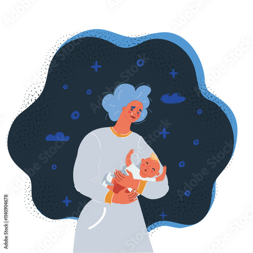 Cartoon vector illustration of tired mother holding a crying baby at night