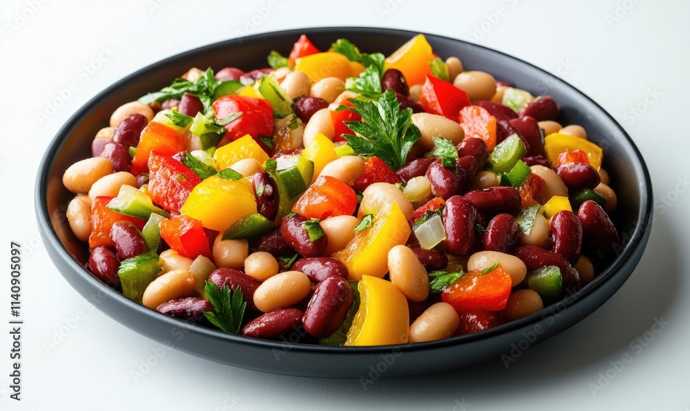 A black plate with a variety of beans, peppers, and other vegetables A black plate with a variety of beans, peppers, and other vegetables