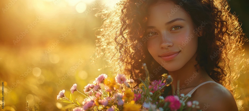 Joyful Woman with Wildflower Bouquet in Sunlit Spring Meadow Perfect for Seasonal Advertising Joyful Woman with Wildflower Bouquet in Sunlit Spring Meadow Perfect for Seasonal Advertising