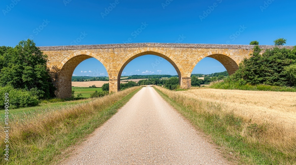 Path of beginning and start exploration, A picturesque stone bridge spans a gravel path, surrounded by lush greenery and fields under a clear blue sky. Path of beginning and start exploration, A picturesque stone bridge spans a gravel path, surrounded by lush greenery and fields under a clear blue sky.
