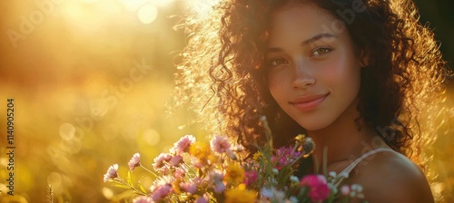 Joyful Woman with Wildflower Bouquet in Sunlit Spring Meadow Perfect for Seasonal Advertising photo