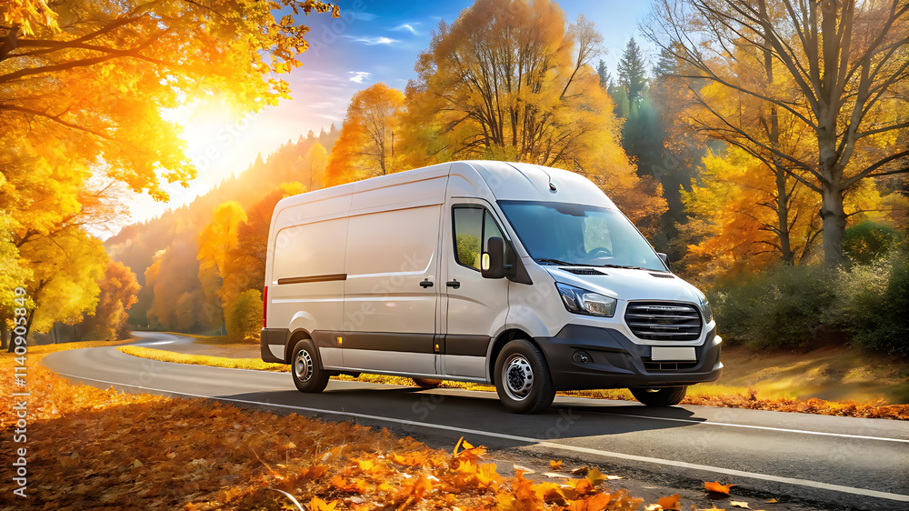 Modern Delivery Van on a Sunny Autumn Day with Golden Light and Vibrant Fall Foliage Professional and Seasonal Logistics Scene for Transportation and Delivery Services Modern Delivery Van on a Sunny Autumn Day with Golden Light and Vibrant Fall Foliage Professional and Seasonal Logistics Scene for Transportation and Delivery Services