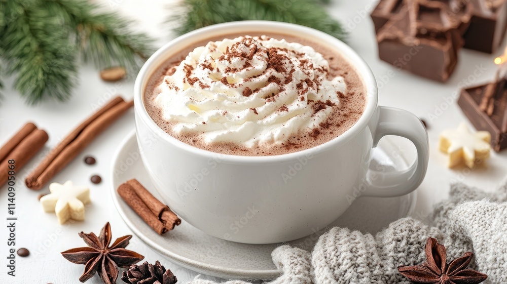 Warm mug of hot chocolate with whipped cream, cinnamon, chocolate, and spices on cozy winter setting Warm mug of hot chocolate with whipped cream, cinnamon, chocolate, and spices on cozy winter setting