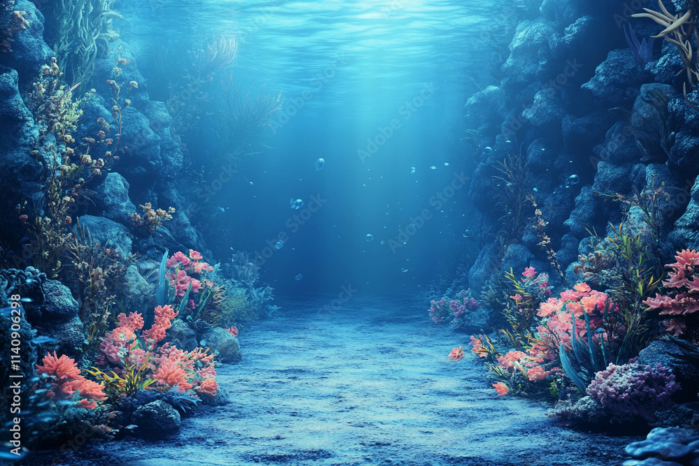 Naklejka premium A serene underwater scene featuring vibrant coral reefs and marine plants. Sunlight filters through the water, creating a tranquil atmosphere with bubbles rising.