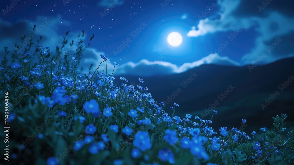 Naklejka premium Moonlit night with meadow of blue flowers under starry sky