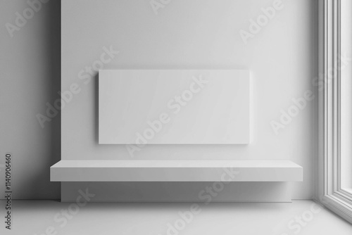 Wallpaper Mural A minimalist interior scene featuring a blank white wall with a large, empty rectangular canvas mounted on it. Below the canvas, there is a sleek, modern shelf.  Torontodigital.ca
