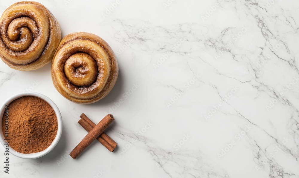 Two cinnamon rolls with sugar on top and a bowl of cinnamon Two cinnamon rolls with sugar on top and a bowl of cinnamon