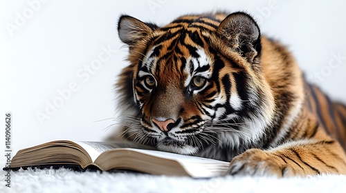 A young tiger intently reads a book, showcasing a captivating blend of wildlife and intellectual curiosity.
