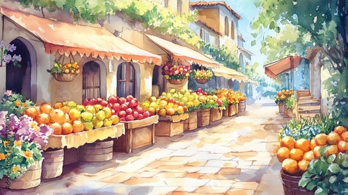 Watercolor illustration of a charming village market with fruit and flower stalls.--ar 16:9 photo