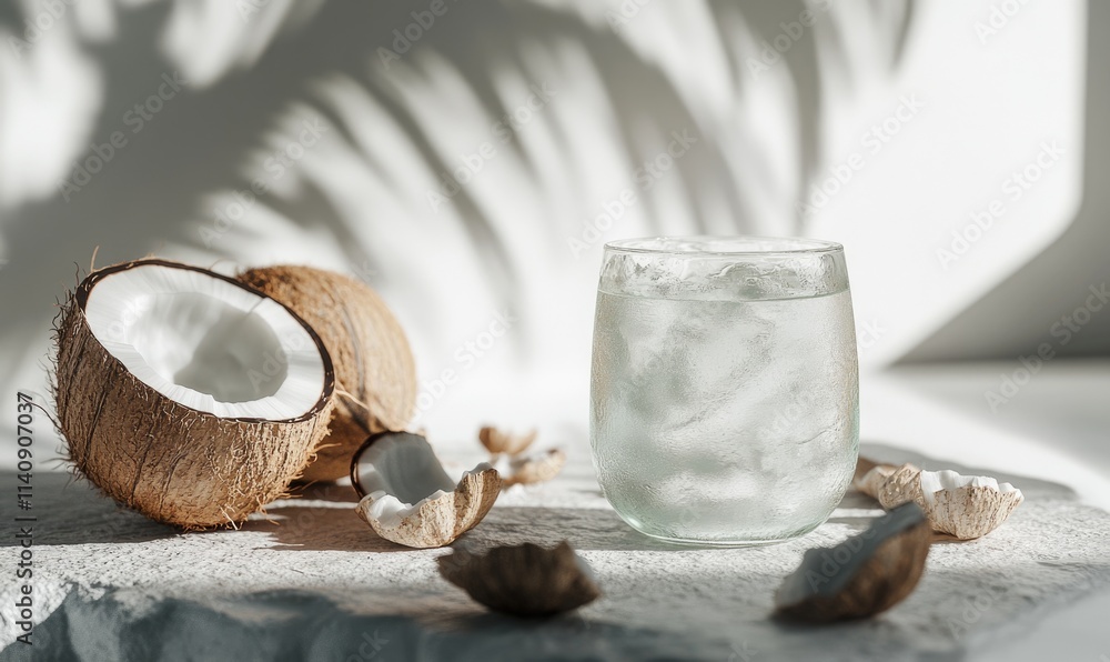 A glass of water is on a table with a coconut and some leaves A glass of water is on a table with a coconut and some leaves