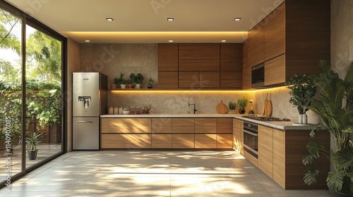 Wallpaper Mural Modern kitchen, wood cabinets, garden view. Torontodigital.ca