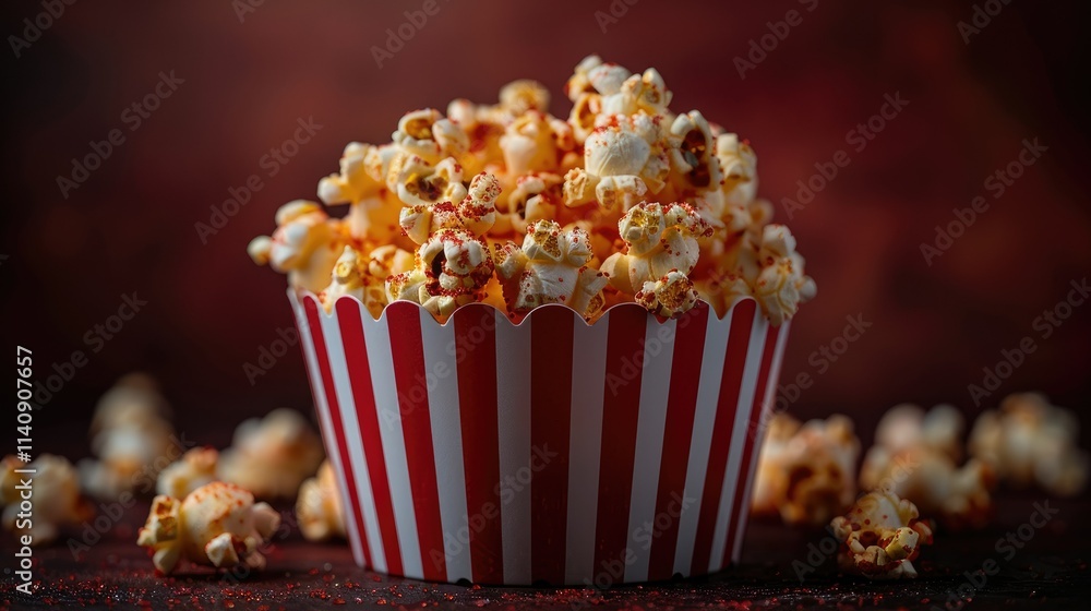 A bowl of popcorn with a red and white striped design, perfect for movie nights. A bowl of popcorn with a red and white striped design, perfect for movie nights.