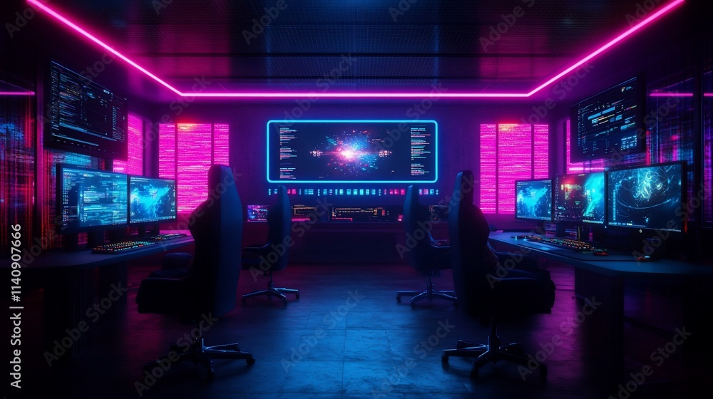 Futuristic gaming room with neon lights, multiple monitors displaying data, and ergonomic chairs. Futuristic gaming room with neon lights, multiple monitors displaying data, and ergonomic chairs.