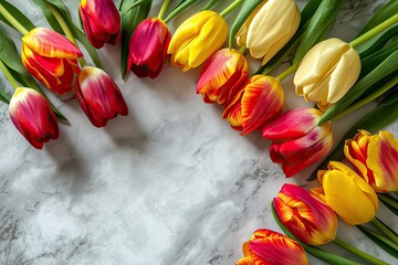 A border adorned with fresh spring tulips, for additional content. A beautiful frame of spring flowers,