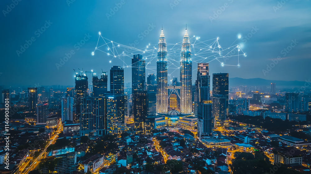 Obraz premium Smart digital city with connection cyber security network reciprocity over the cityscape . future smart wireless digital city and social media networking systems that connects people within the city