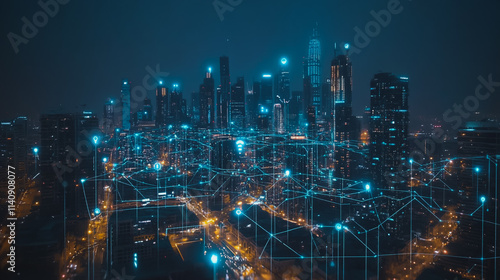 Wallpaper Mural Smart digital city with connection cyber security network reciprocity over the cityscape . future smart wireless digital city and social media networking systems that connects people within the city Torontodigital.ca
