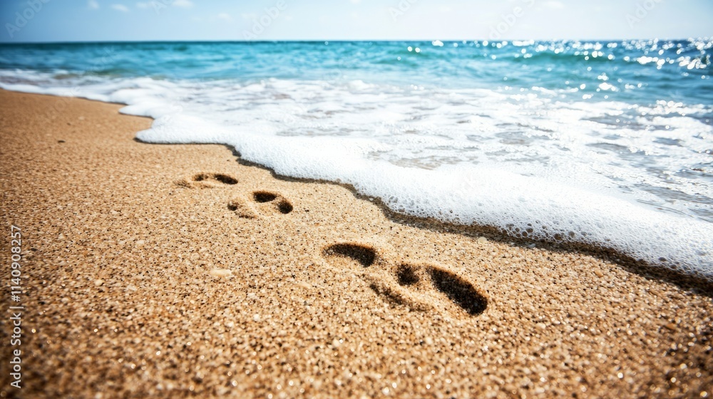 Footprints in the sand by the ocean, with gentle waves lapping at the shore. Footprints in the sand by the ocean, with gentle waves lapping at the shore.