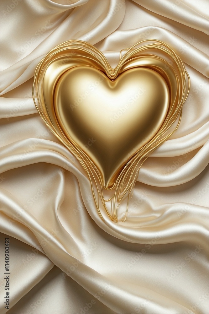Background of a Golden Heart on Flowing White Silk Fabric