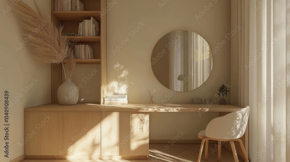 Fototapeta premium Serene Minimalist Home Office Design: Sunlight Drenched Workspace with Wooden Desk and Round Mirror