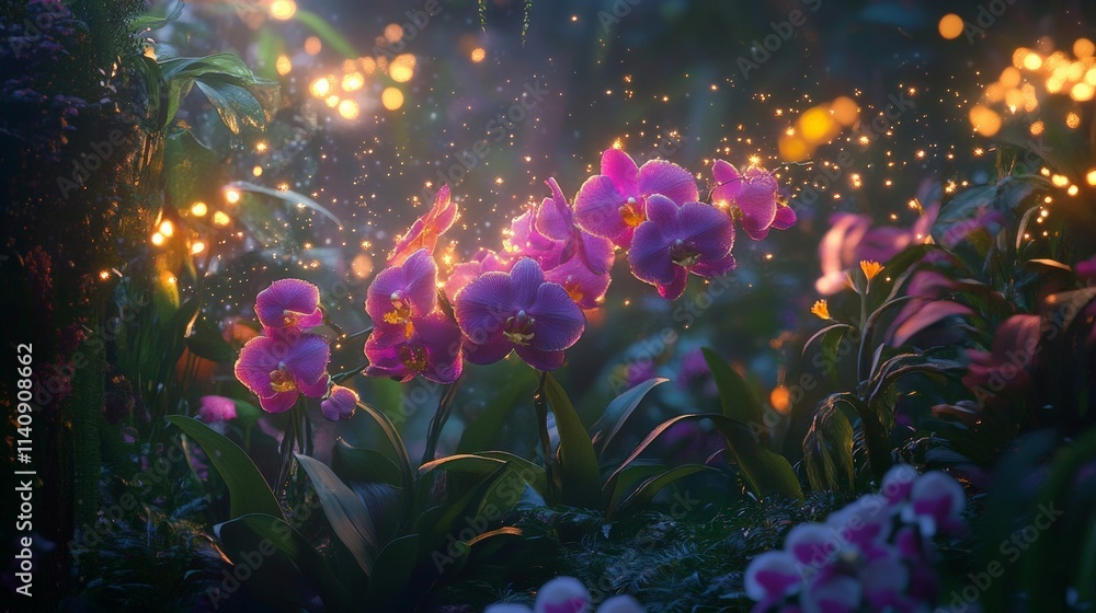 Vibrant purple orchids illuminated by soft glowing lights in a magical garden setting with lush greenery and sparkling ambiance. Vibrant purple orchids illuminated by soft glowing lights in a magical garden setting with lush greenery and sparkling ambiance.