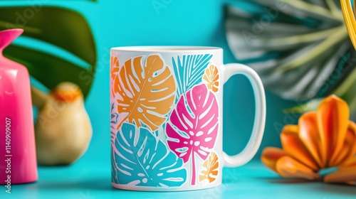 Tropical Leaf Sticker on Ceramic Mug for Vibrant Summer Decor Design photo