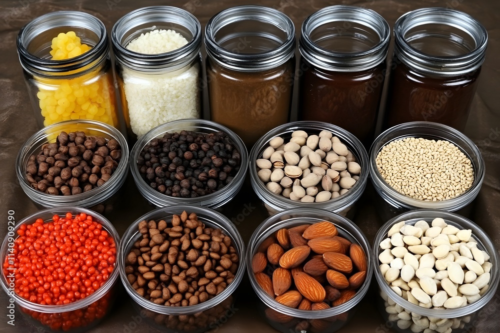 Assorted nuts seeds and spices in mason jars and bowls Assorted nuts seeds and spices in mason jars and bowls