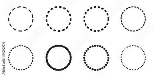 Set of circle shapes with dashed lines, Dashed and dotted circle icon. Black and white broken rings. Dotted round lines, Cut here pictograms for coupons or tags. Vector outline.