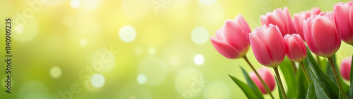 Fragment of a bouquet of red tulips on a smart sunny background. Background image with free space for text.  Copy space. AI generative.