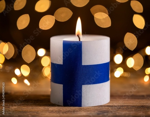 blue candle with finnish flag on wooden surface surrounded by festive lights celebrating finland independence day