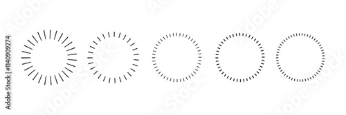 Set of circle shapes with dashed lines, Dashed and dotted circle icon. Black and white broken rings. Dotted round lines, Cut here pictograms for coupons or tags. Vector outline.