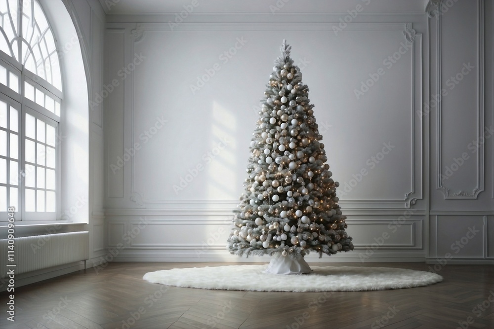Fototapeta premium White Christmas Tree Decorated with Silver Ornaments and Lights in a Bright Room
