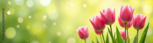 Spring holiday background: red tulips on natural sunny background. Copy space. AI generative.