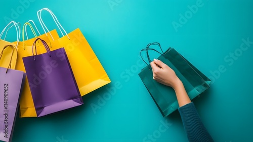 Colorful shopping bags with female hand on vibrant teal background photo