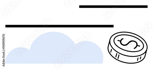 Dollar coin next to cloud graphic with abstract lines. Ideal for finance, cloud computing, growth, investment, digital currency, online services, technology. Line metaphor