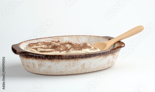 A white bowl with a wooden spoon in it