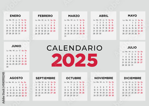 Calendario 2025 imprimir español. Semana comienza el lunes	