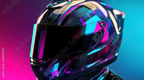 Holographic Sticker Mockup on Reflective Black Helmet with Studio Lighting for Design Showcase photo