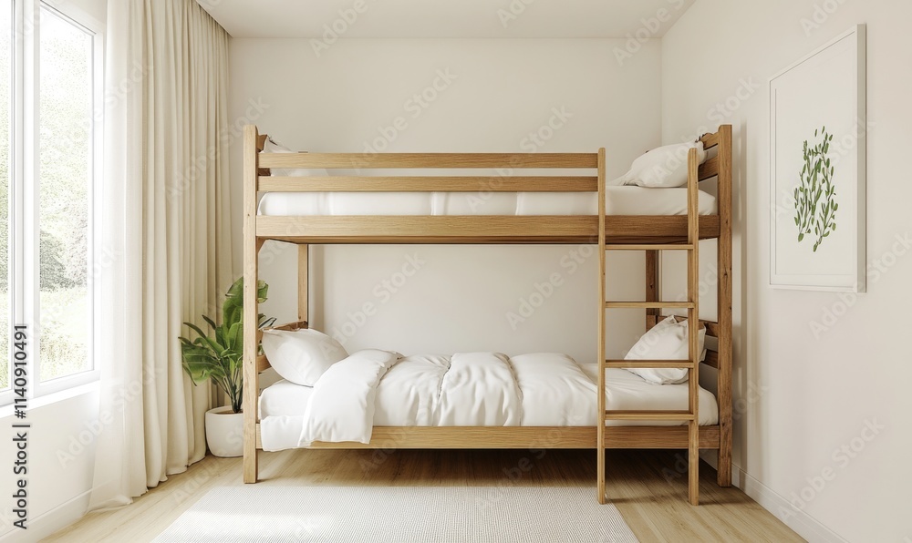 A wooden bunk bed with a white sheet and two pillows A wooden bunk bed with a white sheet and two pillows