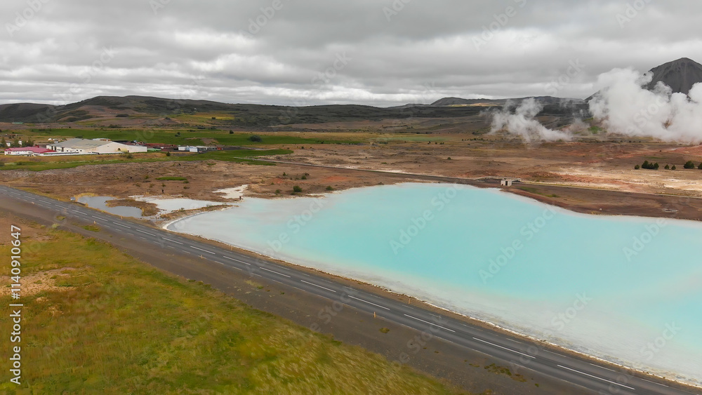 Aerial view of Blue lake made from water coming out of geothermal power plant from above, Iceland Aerial view of Blue lake made from water coming out of geothermal power plant from above, Iceland