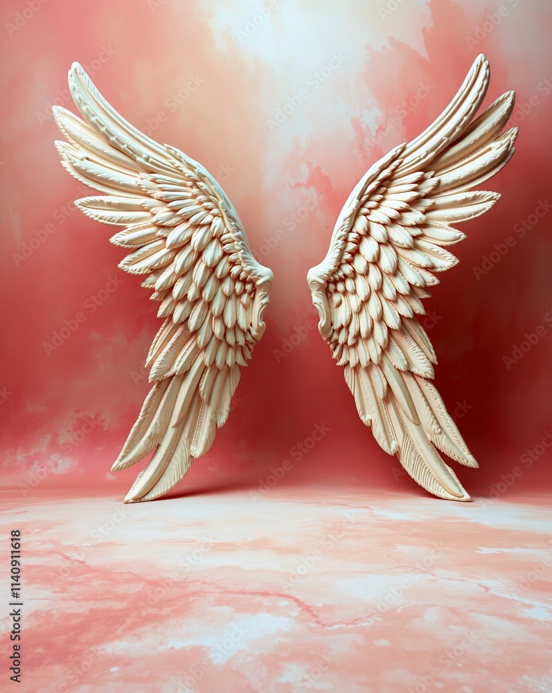 Fototapeta premium Elegant Vintage Style Wing Sculpture Against Soft Pink Background