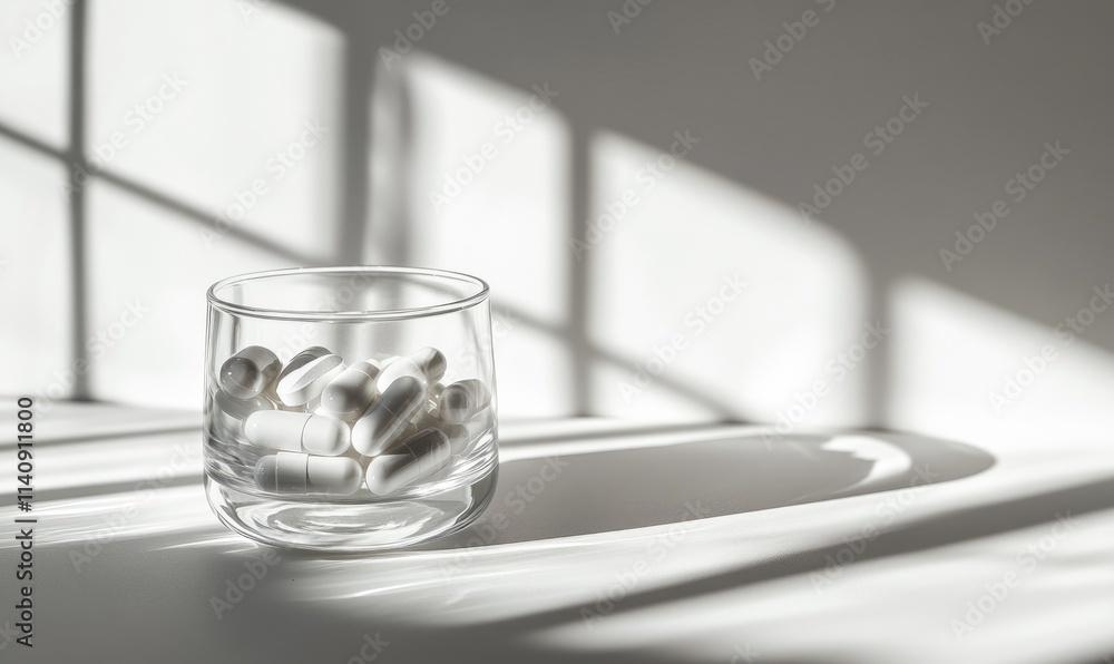 A glass jar filled with white pills A glass jar filled with white pills