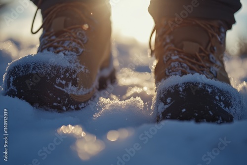 Close-up view of sturdy hiking boots amidst a pristine snowy landscape, capturing the essence of winter exploration and adventure in nature's wonderland. photo