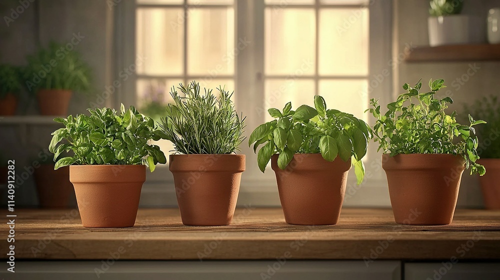 A row of potted plants sits atop a wooden table, bathed in sunlight streaming through a window A row of potted plants sits atop a wooden table, bathed in sunlight streaming through a window