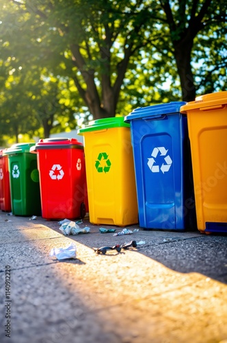 Colorful Recycling Bins in a Park Setting on a Sunny Day