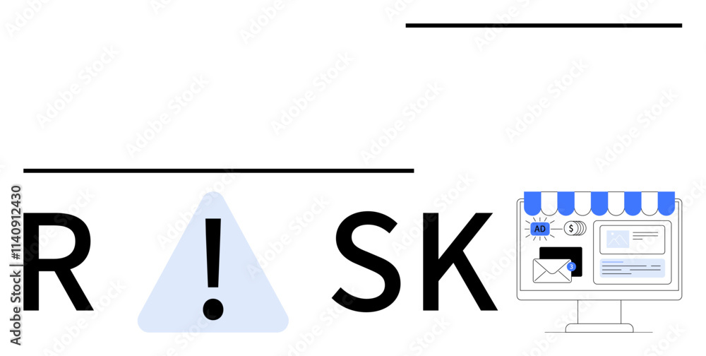 Word RISK with alert sign in triangle and email notification on computer screen signifies cybersecurity concerns with online platforms. Ideal for IT safety, threat detection, data protection, risk Word RISK with alert sign in triangle and email notification on computer screen signifies cybersecurity concerns with online platforms. Ideal for IT safety, threat detection, data protection, risk